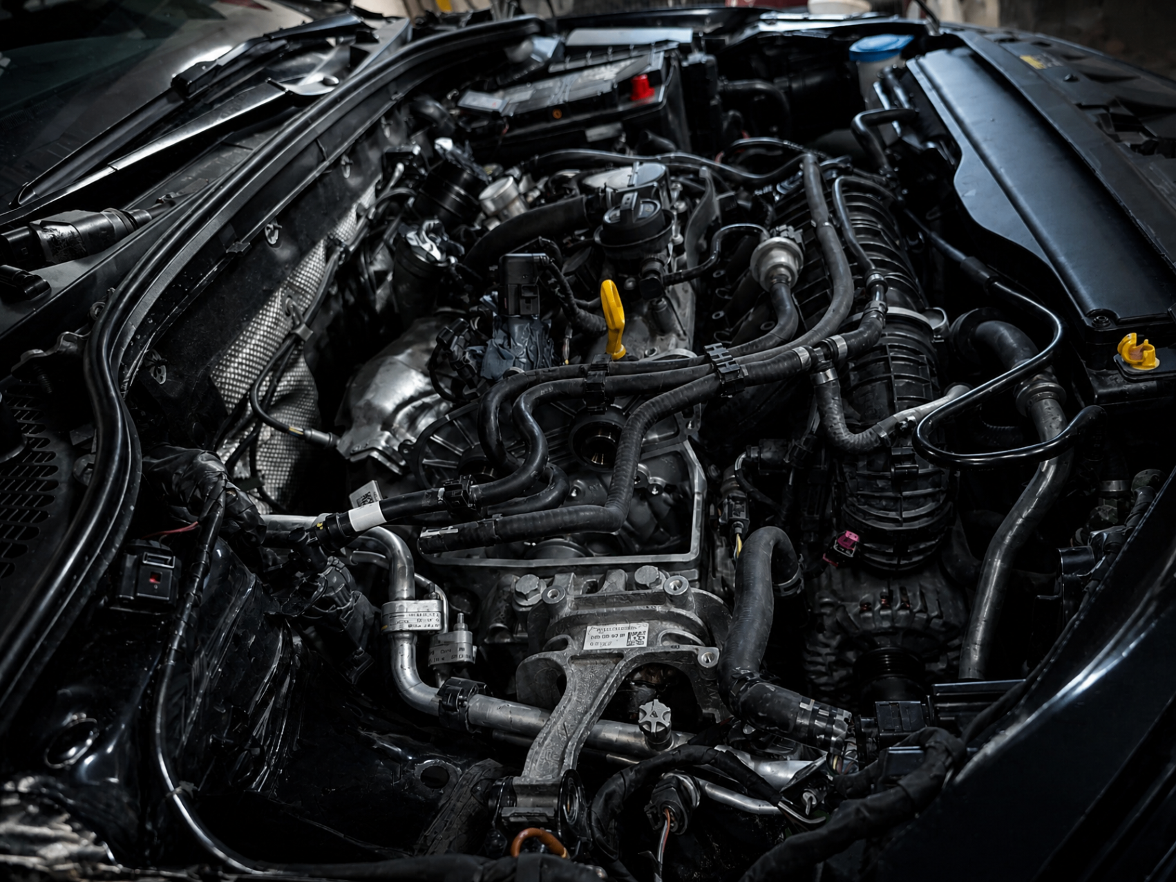 Detail motorového priestoru počas opravy vozidla.